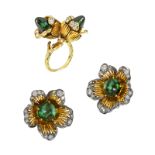 A TOURMALINE AND DIAMOND RING AND EARRINGS SUITE, RENÉ KERN in 18ct yellow gold, the ring designed