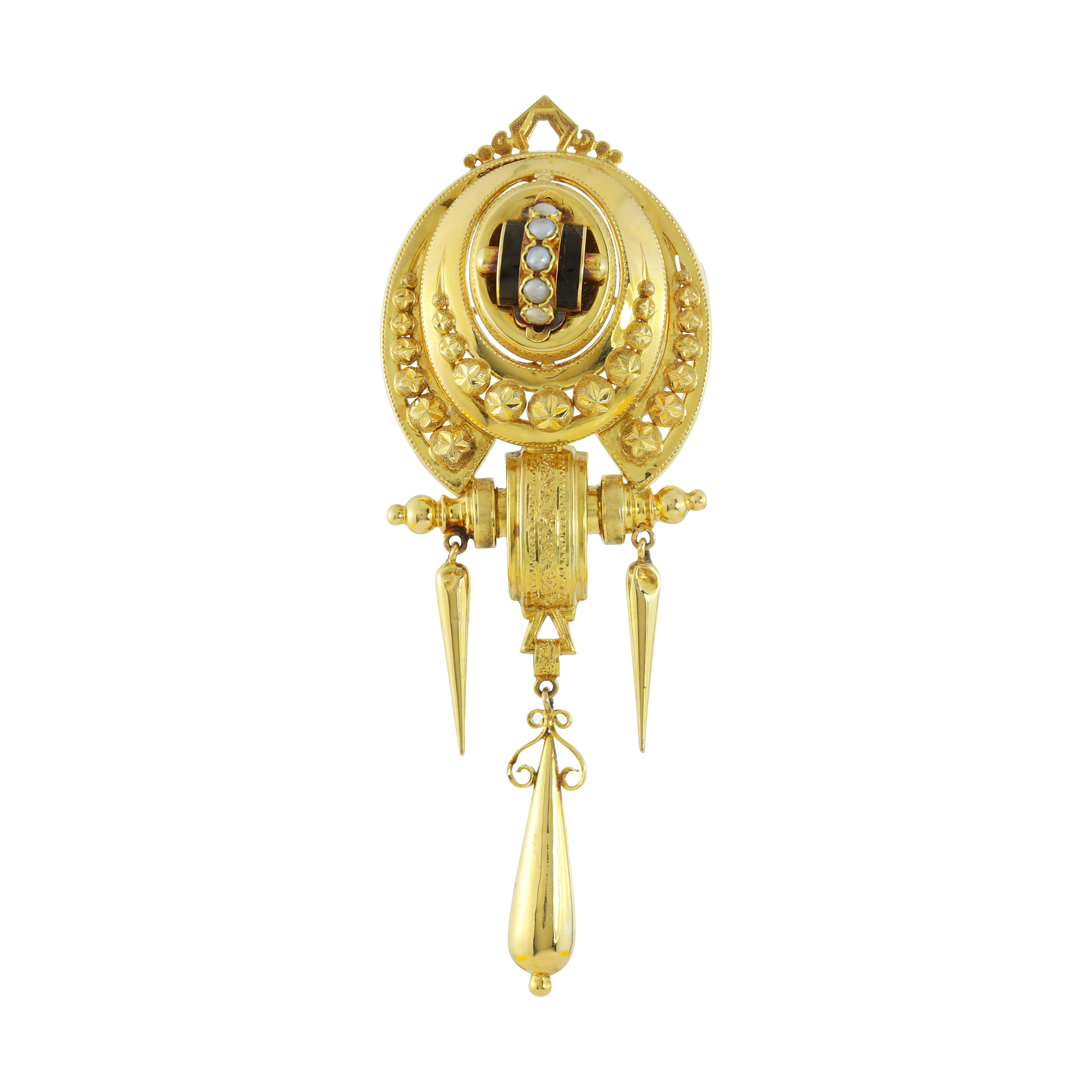 AN ANTIQUE PEARL AND ENAMEL BROOCH, SWEDISH CIRCA 1870 in 18ct yellow gold, set with a central pearl