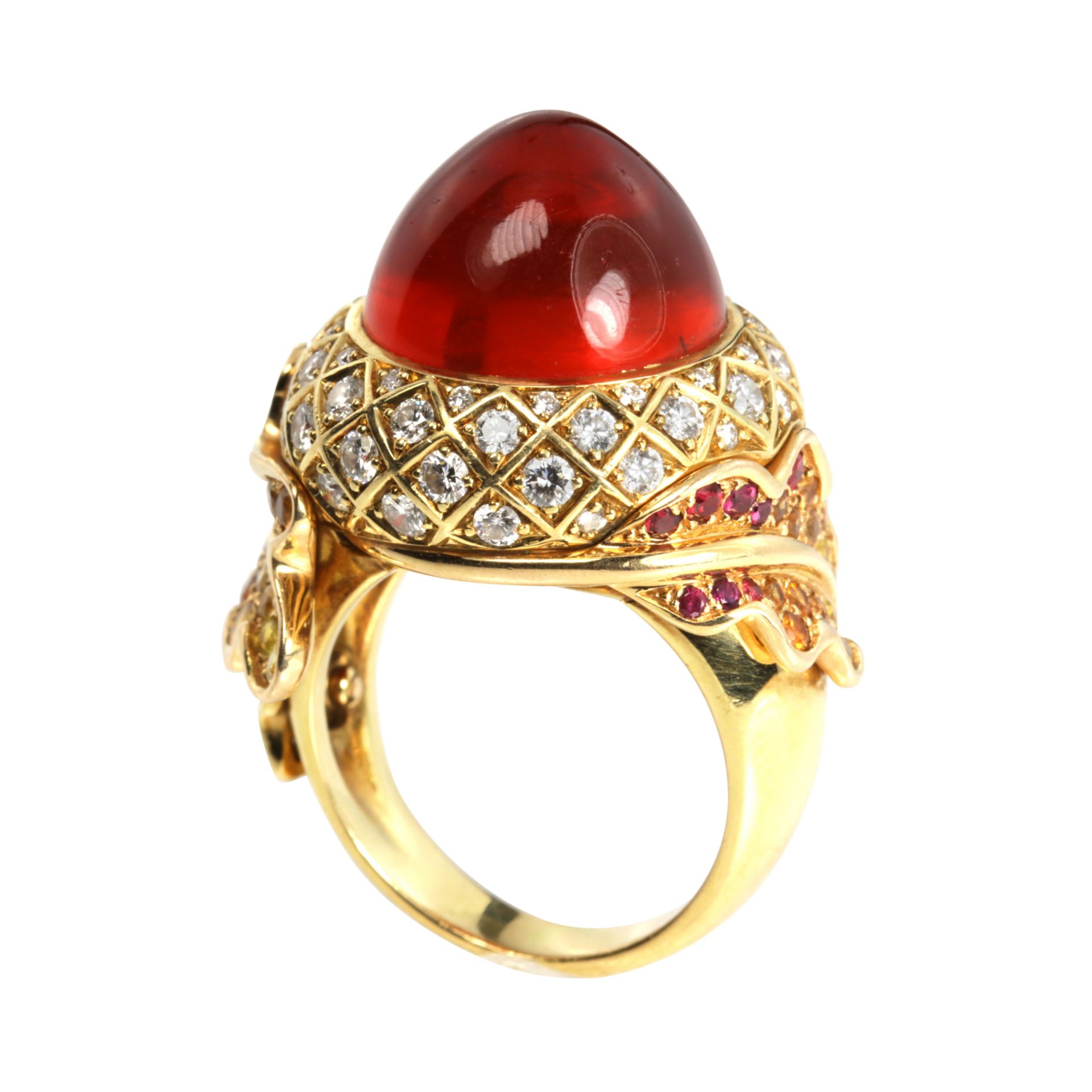 A VINTAGE FIRE OPAL, DIAMOND AND RAINBOW SAPPHIRE RING, MARCHAK in 18ct yellow gold, set with a - Image 2 of 2