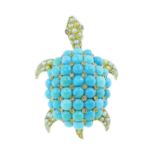 AN ANTIQUE TURQUOISE, PEARL, RUBY AND DIAMOND TURTLE BROOCH BROOCH in high carat yellow gold,