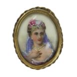 A LIMOGES PAINTED ENAMEL PORTRAIT MINIATURE BROOCH of oval form, painted to depict the bust of a