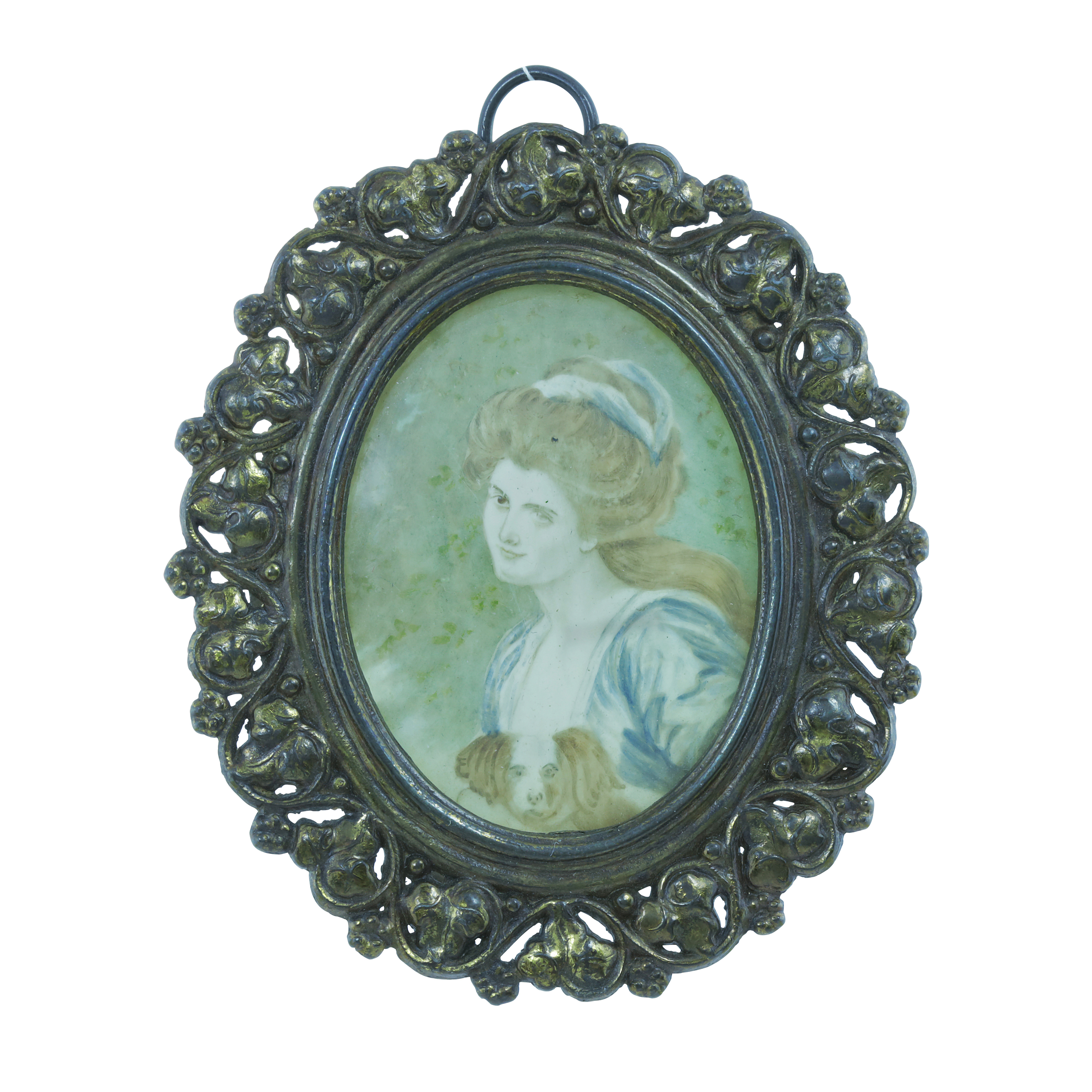AN ANTIQUE PORTRAIT MINIATURE PENDANT of oval form, the painted miniature depicting a lady and