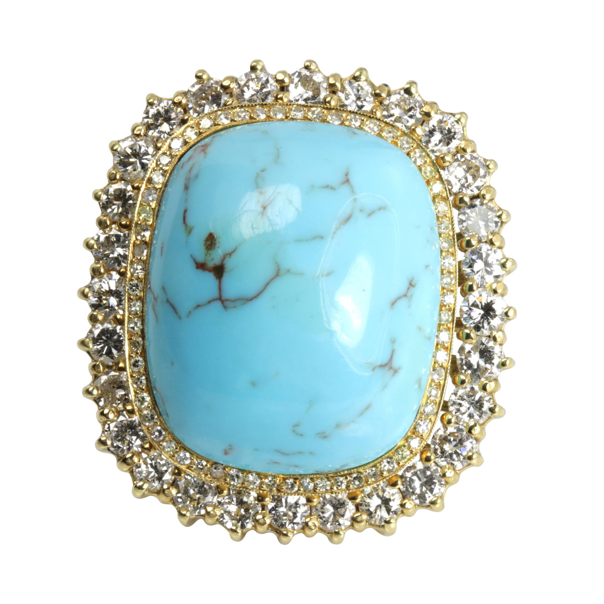 A TURQUOISE AND DIAMOND CLUSTER RING in 18ct yellow gold, set with a large, cushion shaped turquoise