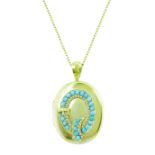 AN ANTIQUE TURQUOISE AND PEARL LOCKET / PENDANT in high carat yellow gold, the oval body accented at