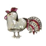 A PEARL, RUBY AND DIAMOND ROOSTER BROOCH in white gold or platinum, set with a large baroque pearl