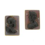 A PAIR OF ANTIQUE CAMEO CUFFLINKS / CAPE CLIPS in 18ct yellow gold, each with a rectangular face set