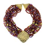 A VINTAGE GARNET, AMETHYST AND HARDSTONE BEAD NECKLACE, EILEEN COYNE the central woven textured