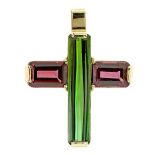 A PINK AND GREEN TOURMALINE CRUCIFIX / CROSS PENDANT in yellow gold, set with a central scissor