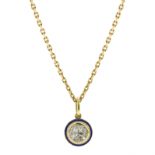 A DIAMOND AND ENAMEL PENDANT AND CHAIN in 18ct yellow gold set with four fancy shaped diamonds