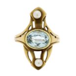 AN ANTIQUE AQUAMARINE AND PEARL DRESS RING in high carat yellow gold, set with a central oval cut