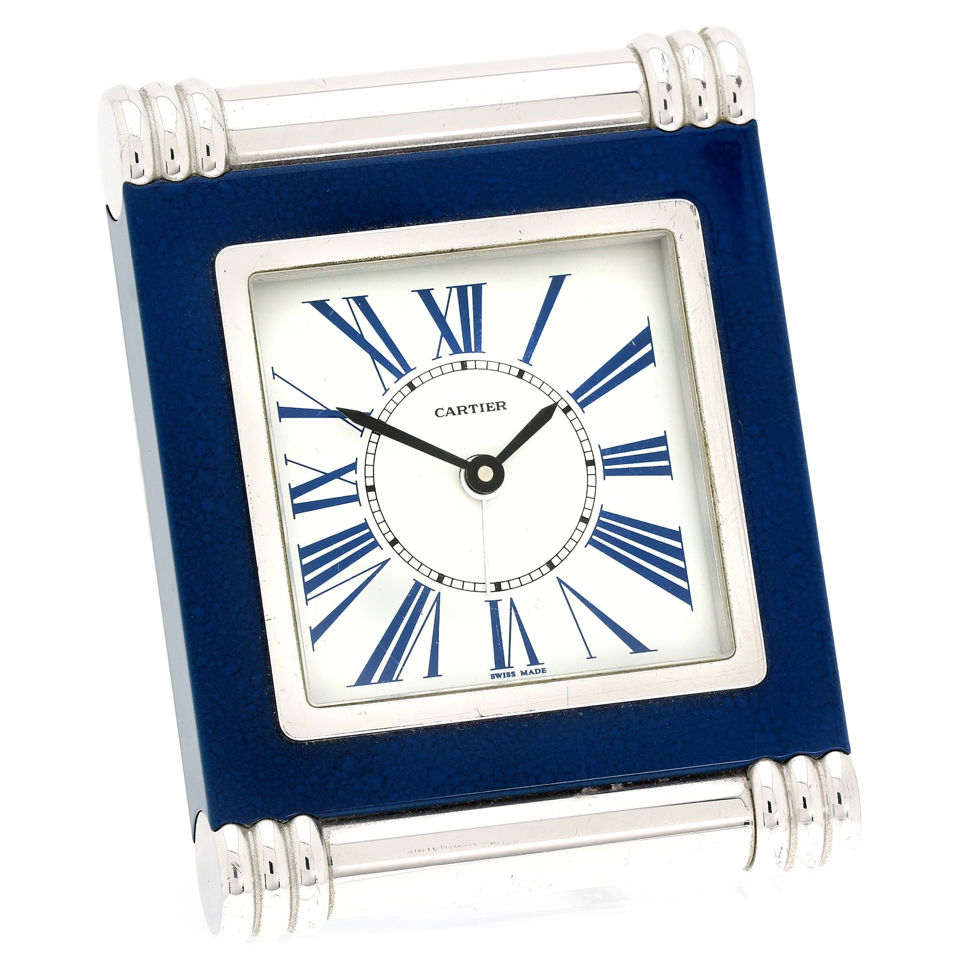 A VINTAGE LAPIS LAZULI DESK CLOCK, CARTIER CIRCA 1980 of upright form on a hinged strut