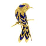 A VINTAGE RUBY AND ENAMEL BIRD BROOCH, CARTIER in 18ct yellow gold, modeled as a mockingbird, its