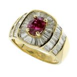 A RUBY AND DIAMOND DRESS RING in 18ct yellow gold set with a central oval cut ruby of 1.06 carats