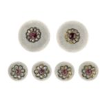 A RUBY AND DIAMOND DRESS SET in 18ct yellow gold, formed of cufflinks and button studs, each with