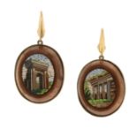 A PAIR OF MICROMOSAIC EARRINGS in yellow gold, each set with an oval hardstone micromosaic depicting