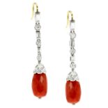 A PAIR OF CORAL AND DIAMOND DROP EARRINGS in white and yellow gold, each set with a faceted coral