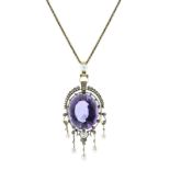 AN ANTIQUE AMETHYST, PEARL AND DIAMOND PENDANT AND CHAIN in yellow gold, set with a large oval cut