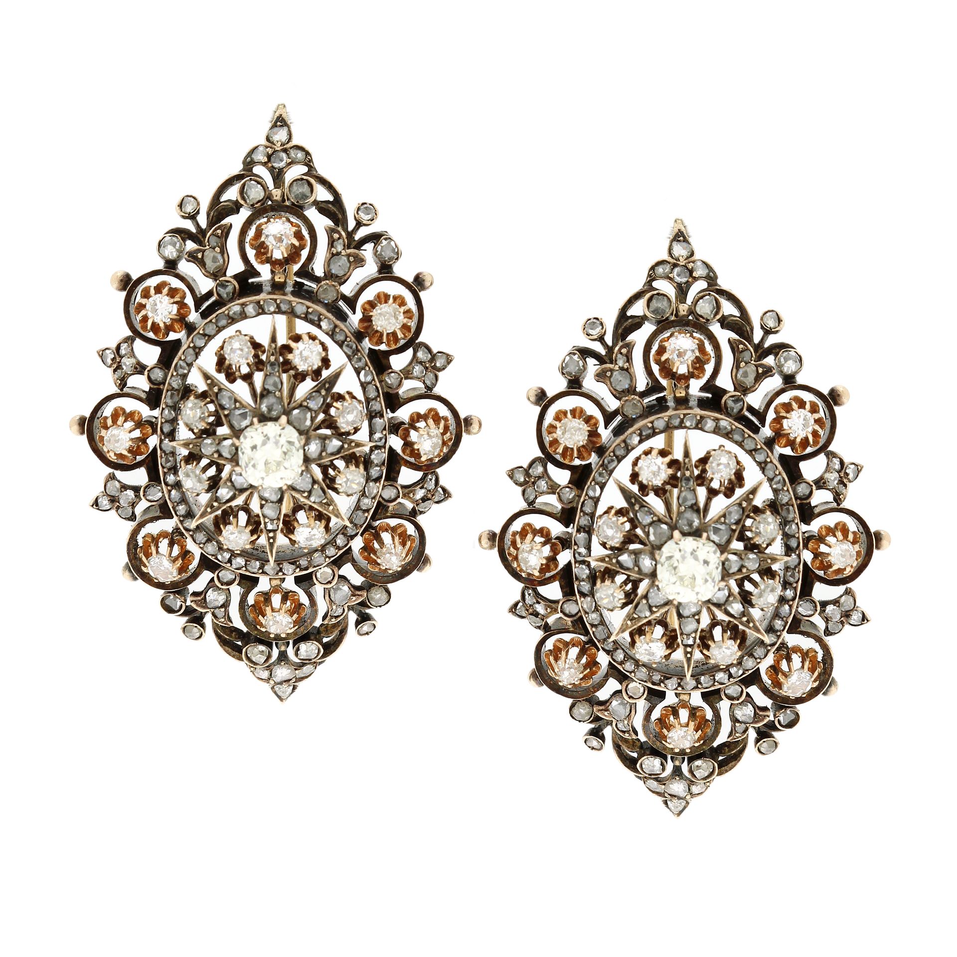 A PAIR OF ANTIQUE DIAMOND EARRINGS, 19TH CENTURY in high carat yellow gold and silver of navette