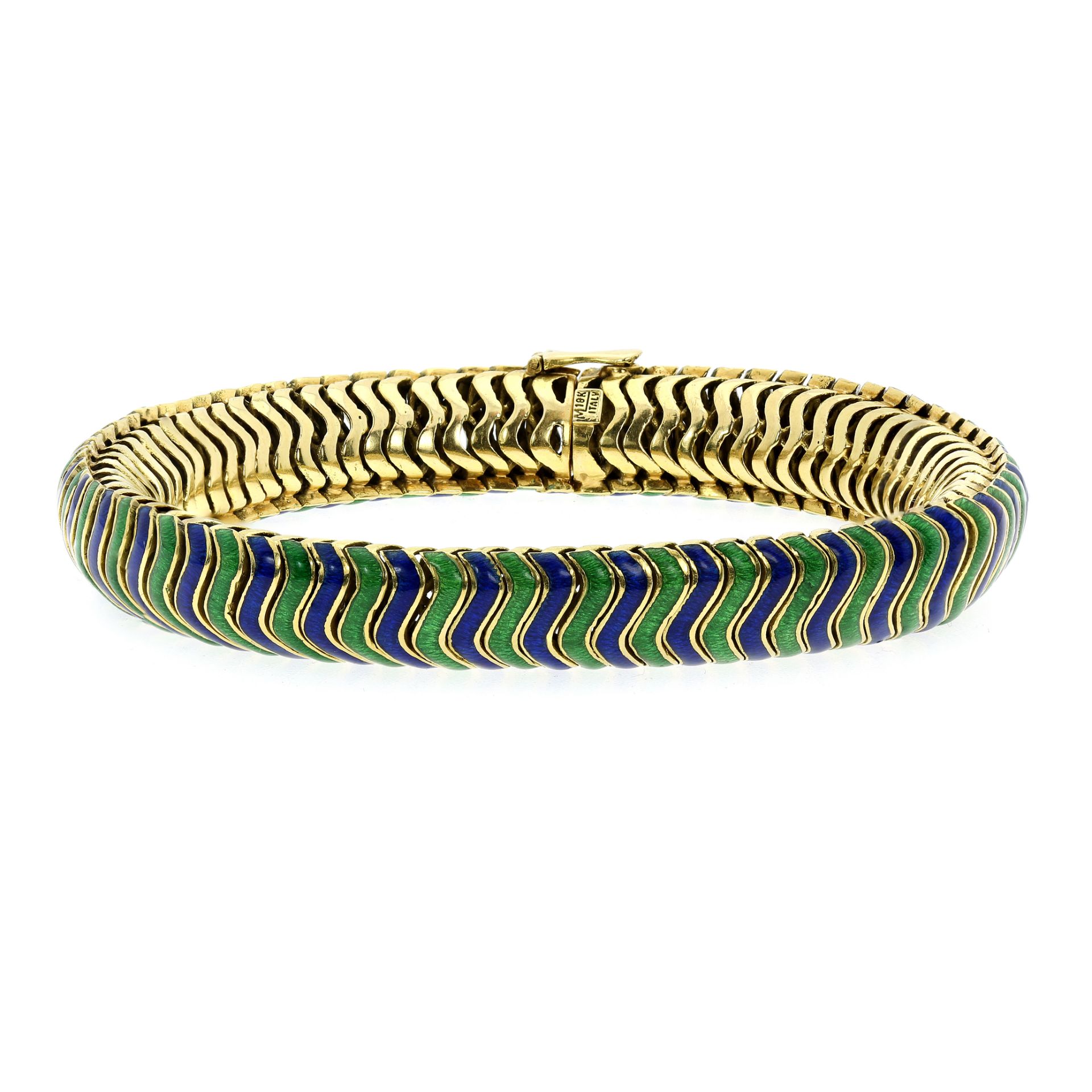 A VINTAGE ENAMELLED FANCY LINK BRACELET, ITALIAN CIRCA 1980 in 18ct yellow gold, the articulated