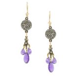 A PAIR OF AMETHYST AND DIAMOND DROP EARRINGS each suspending a trio of flattened briolette cut