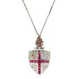 A RUBY AND DIAMOND CITY OF LONDON COAT OF ARMS PENDANT AND CHAIN in 18ct white gold, designed as the