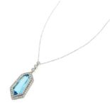 AN AQUAMARINE AND DIAMOND PENDANT in 18ct white gold, set with a fancy cut tapering hexagonal shaped