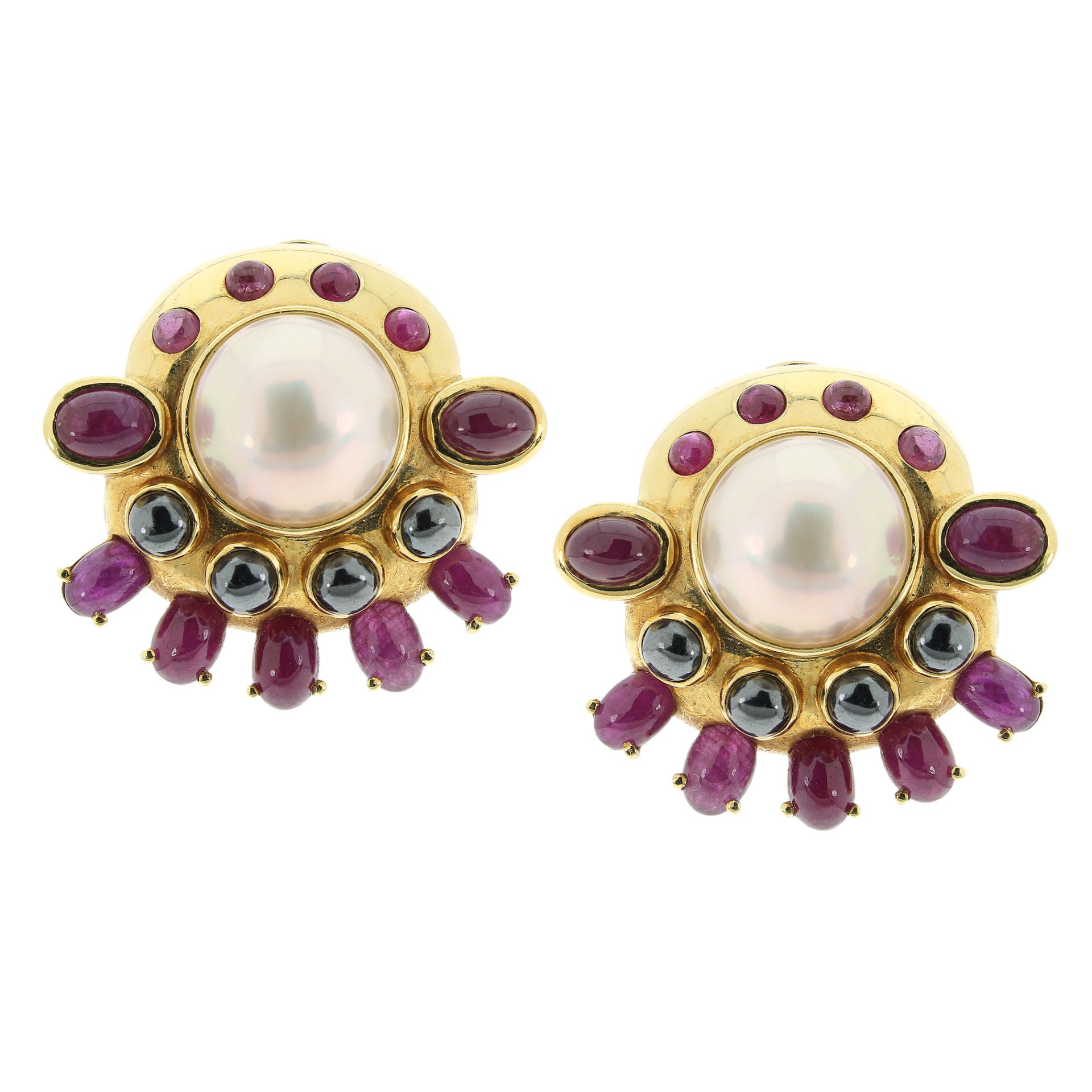 A PAIR OF VINTAGE PEARL, RUBY AND HEMATITE EARRINGS, CIRCA 1980 in 18ct yellow gold, each set with a