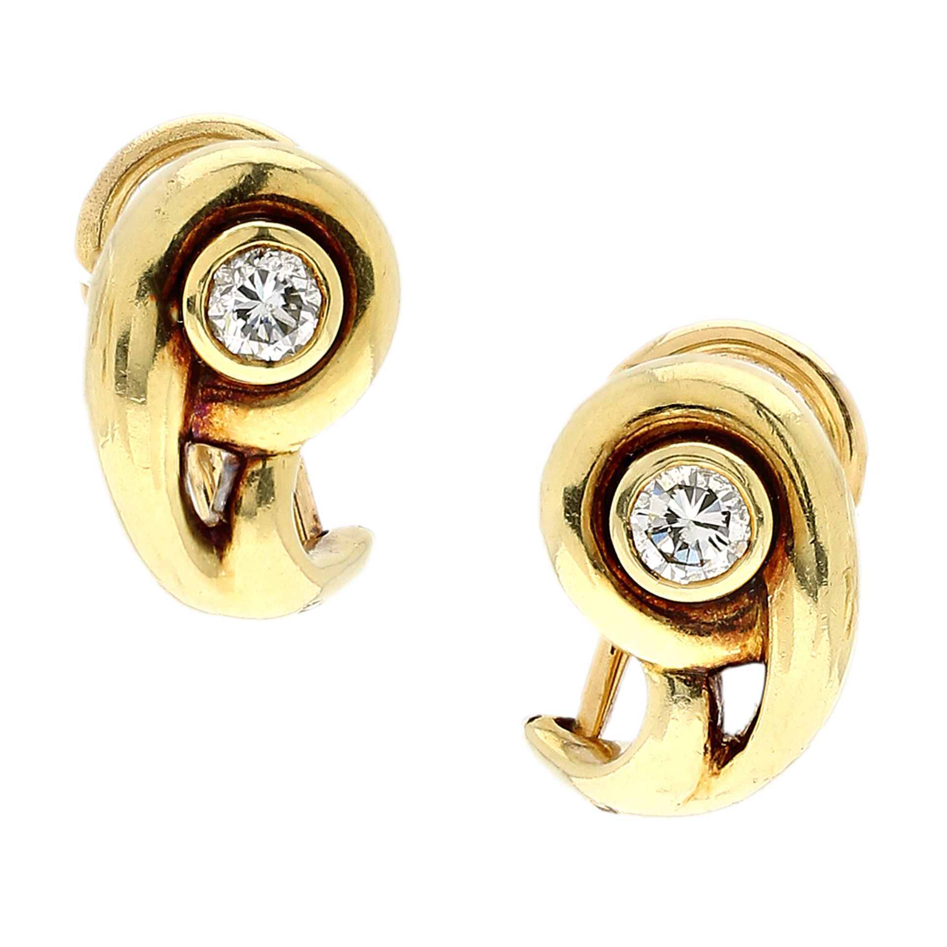 A PAIR OF DIAMOND EARRINGS, CARTIER in 18ct yellow gold, each set with a round cut diamond of