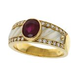 A RUBY, MOTHER OF PEARL AND DIAMOND DRESS RING in 18ct yellow gold, set with a central oval cut ruby