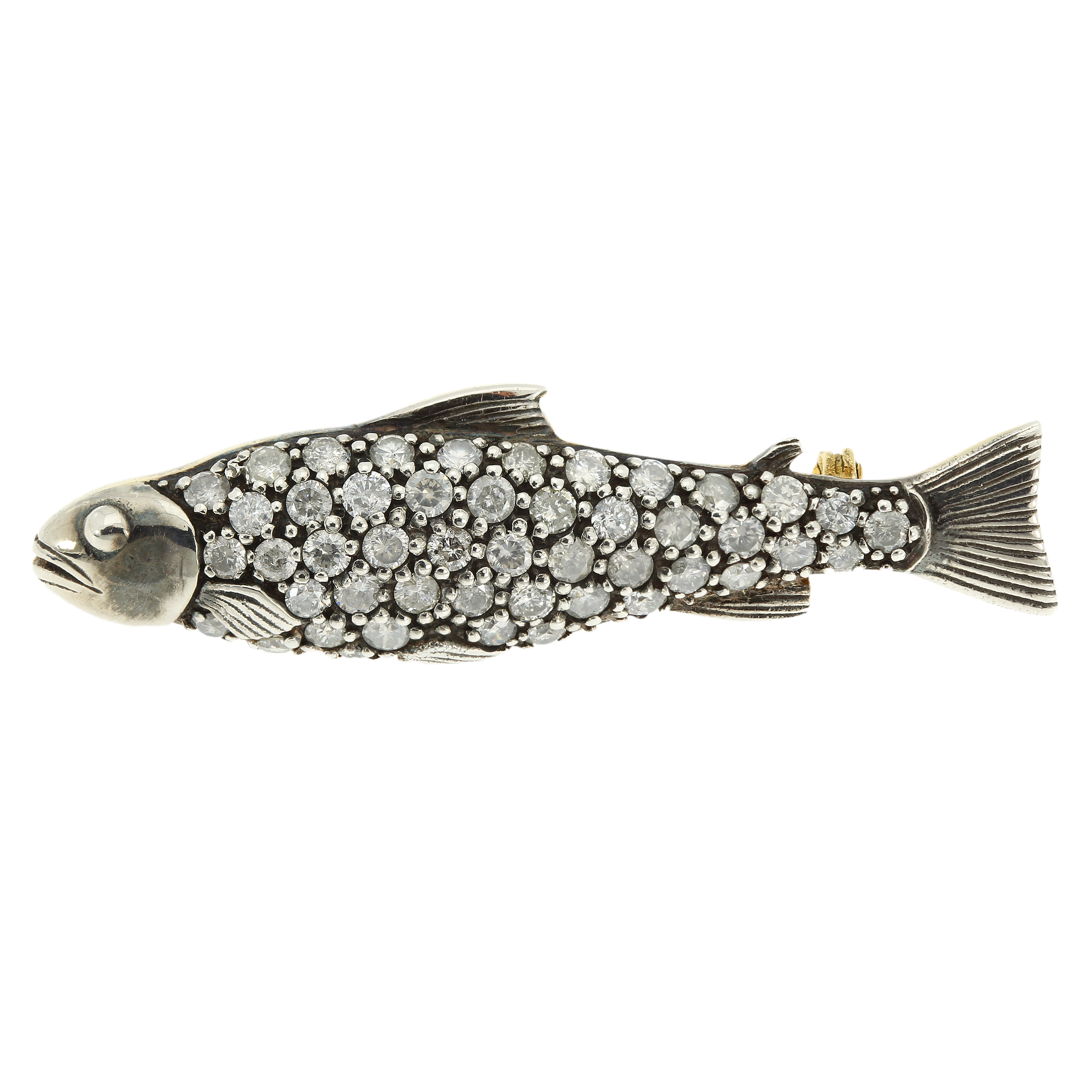 A JEWELLED DIAMOND FISH BROOCH in yellow and white gold, modeled as a fish, its body jewelled with