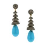 A PAIR OF TURQUOISE AND DIAMOND DROP EARRINGS in yellow gold and silver, each suspending a