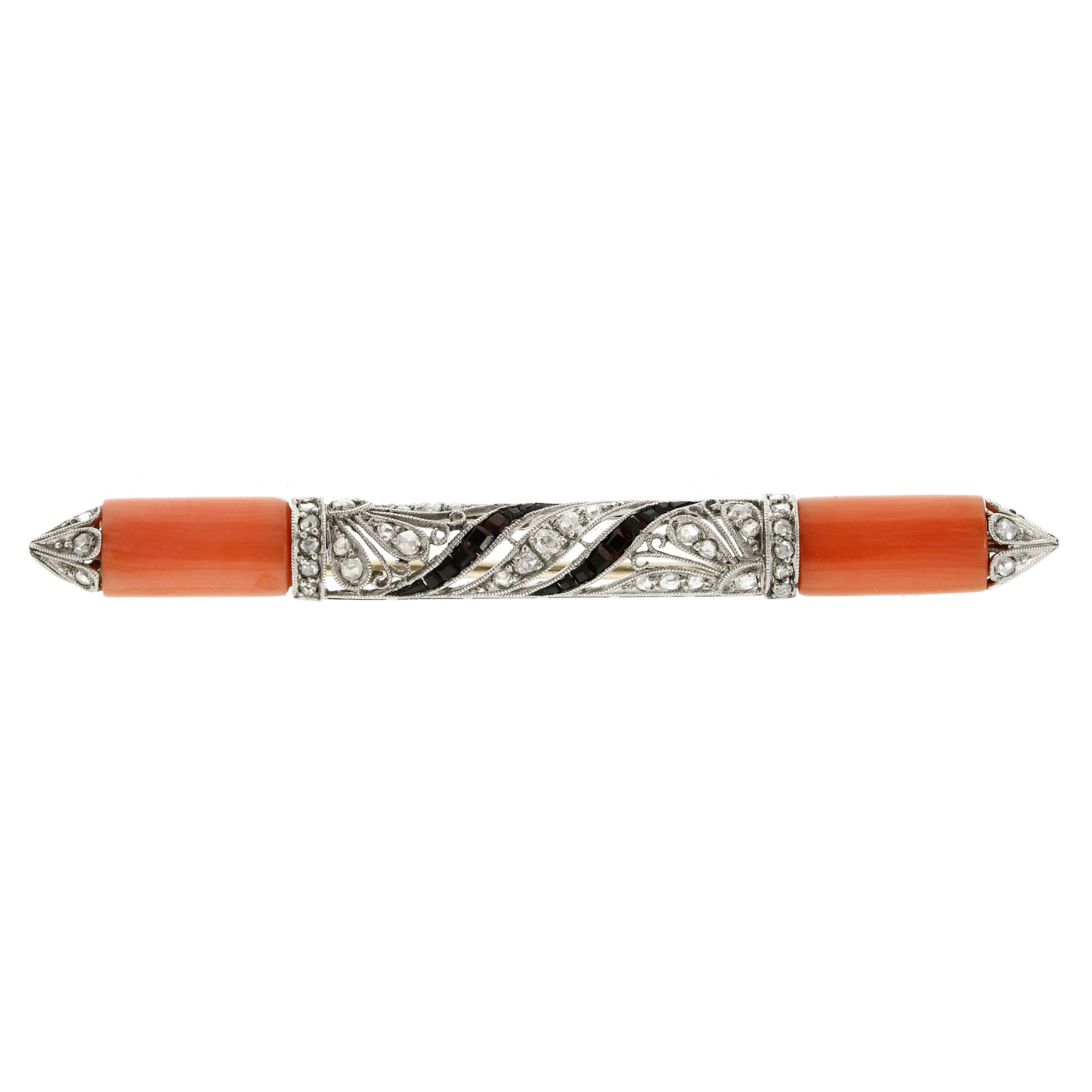 AN ANTIQUE CORAL, ONYX AND DIAMOND BROOCH in platinum the bar design terminated with polished