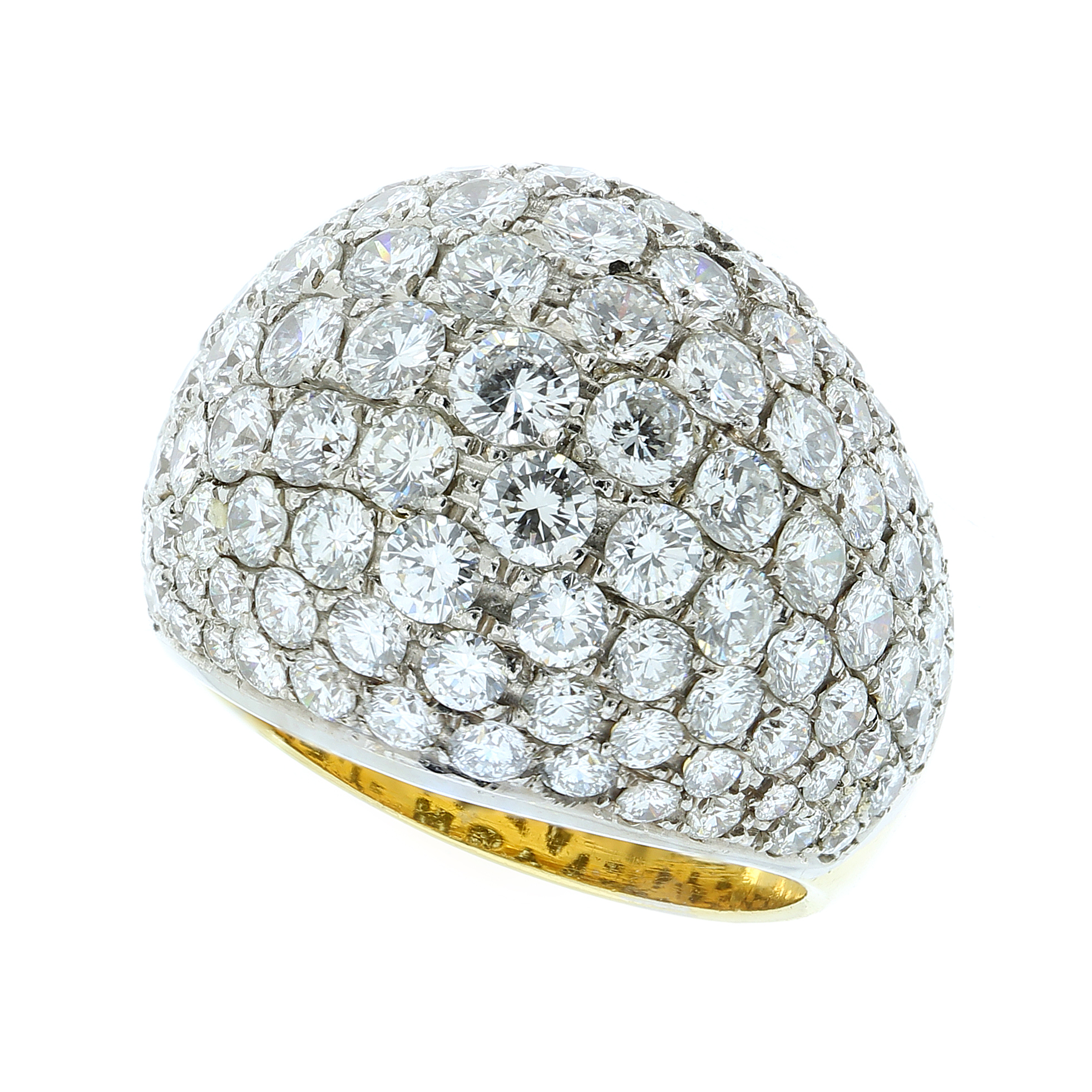 A DIAMOND BOMBE DRESS RING in 18ct yellow gold, the large domed top jewelled all over with round cut