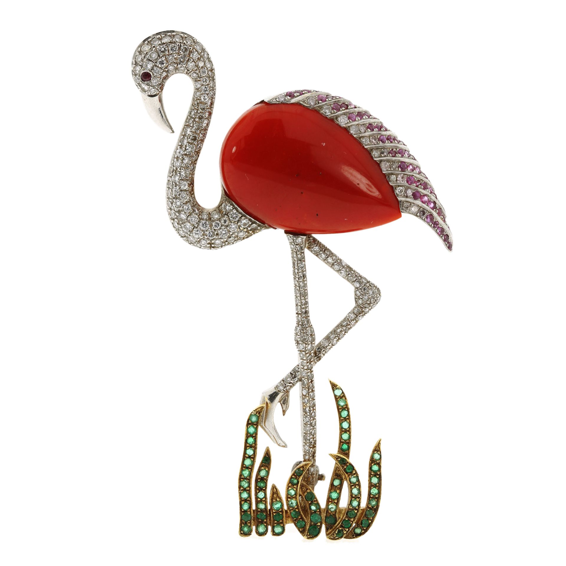 A VINTAGE CORAL, DIAMOND, EMERALD AND PINK SAPPHIRE FLAMINGO BROOCH in yellow and white gold, the