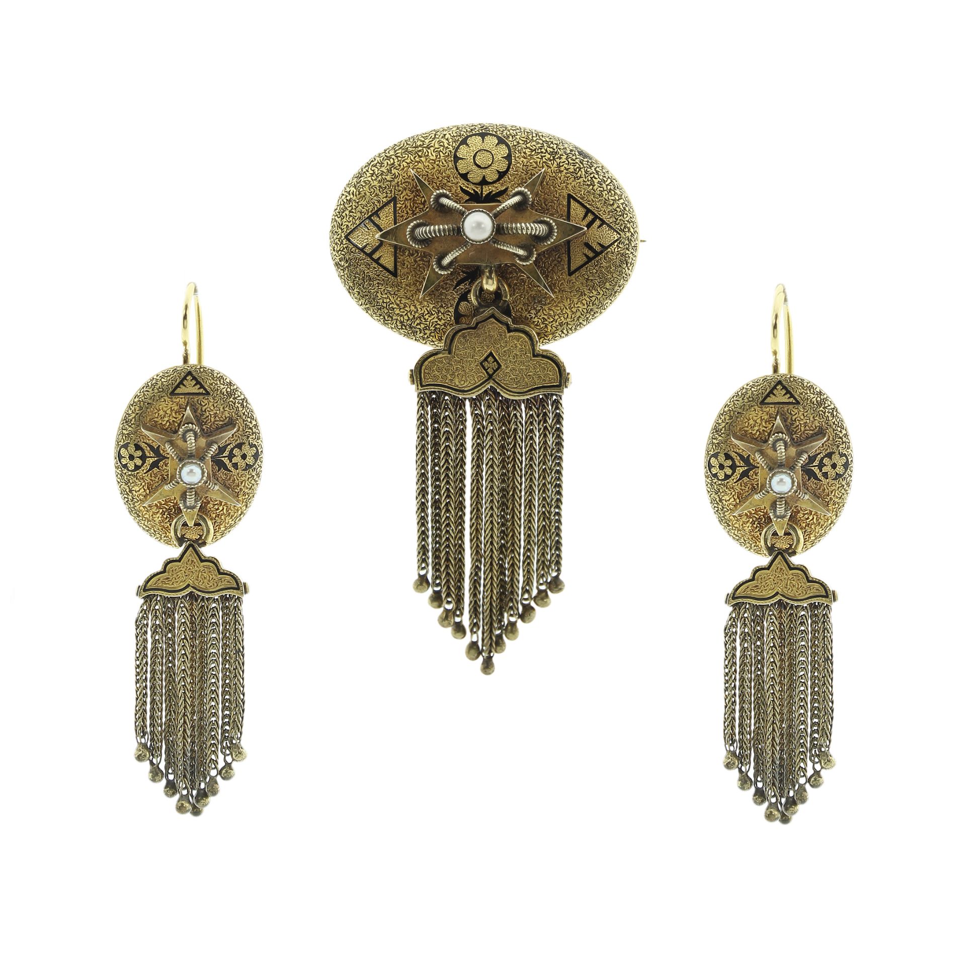 AN ANTIQUE PEARL AND ENAMEL BROOCH AND EARRINGS SUITE in high carat yellow gold, each set at the