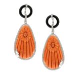 A PAIR OF CORAL, ONYX AND DIAMOND EARRINGS in 18ct white gold, each formed of a large tapering piece