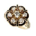 AN ANTIQUE DIAMOND AND ENAMEL DRESS RING in high carat yellow gold, set with a central cluster of