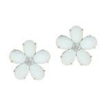 A PAIR OF WHITE AGATE AND DIAMOND EARRINGS in 18ct white gold, each designed as a flower, set at the