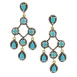 A PAIR OF TURQUOISE AND DIAMOND CHANDELIER EARRINGS in yellow gold and silver, each designed as an