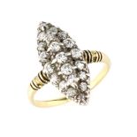 AN ANTIQUE DIAMOND CLUSTER RING in 18ct yellow gold, the elongated navette face jewelled with old