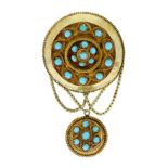AN ANTIQUE TURQUOISE BEAD AND HAIRWORK MOURNING BROOCH in high carat yellow gold, the large circular