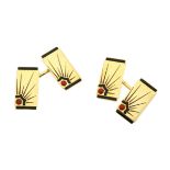 A PAIR OF ANTIQUE JAPONISME ENAMEL CUFFLINKS in 18ct yellow gold each rectangular face decorated