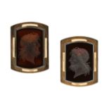A PAIR OF ANTIQUE CARVED INTAGLIO CUFFLINKS / CAPE CLIPS in 18ct yellow gold, each set with a