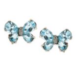 A PAIR OF AQUAMARINE AND DIAMOND BUTTERFLY EARRINGS in white gold, each designed as a butterfly, its