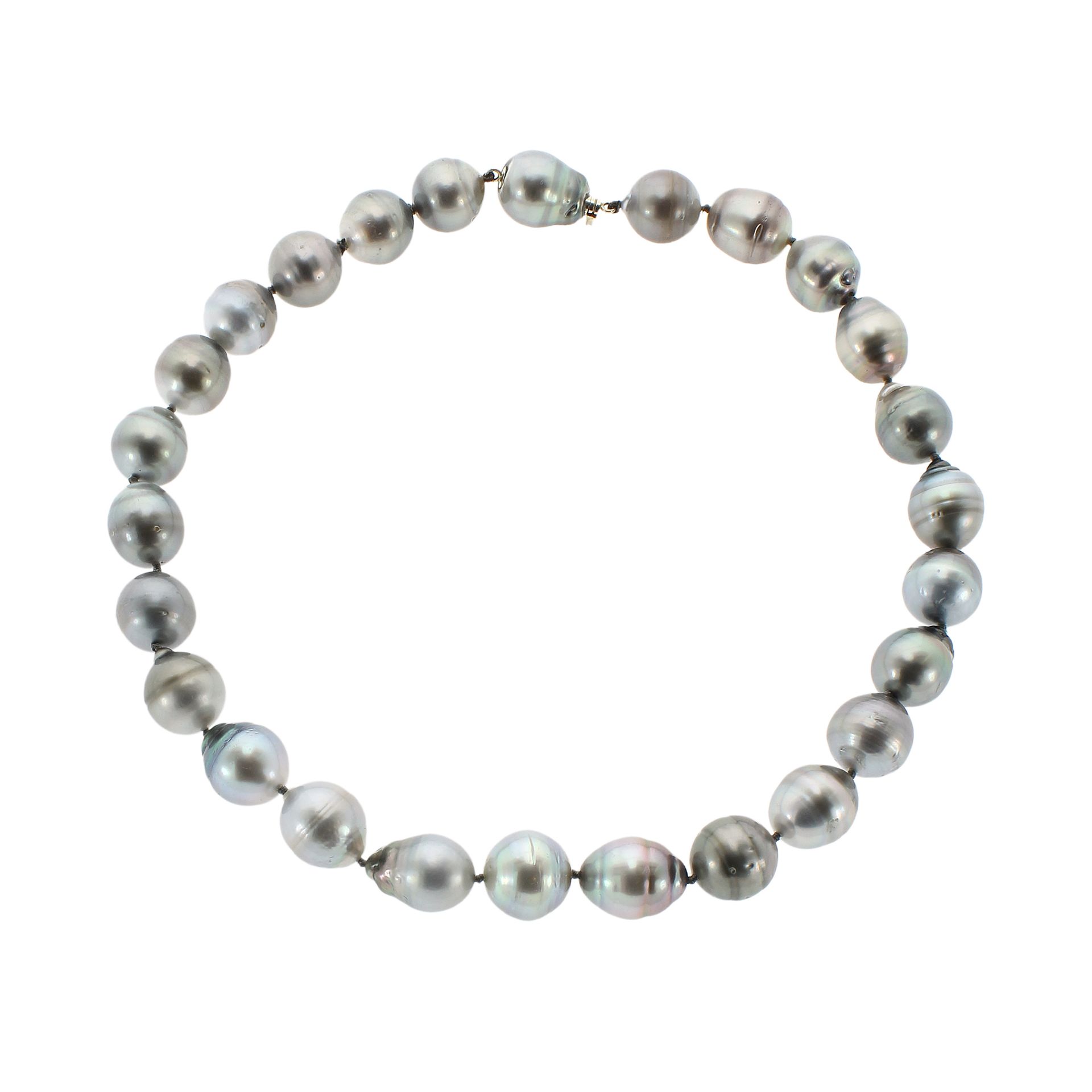 A TAHITIAN PEARL NECKLACE comprising a single row of twenty-six silvery-grey pearls of approximately