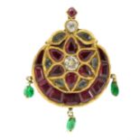 AN ANTIQUE TOURMALINE,DIAMOND,ZIRCON AND EMERALD PENDANT, INDIAN 19TH CENTURY in high carat yellow