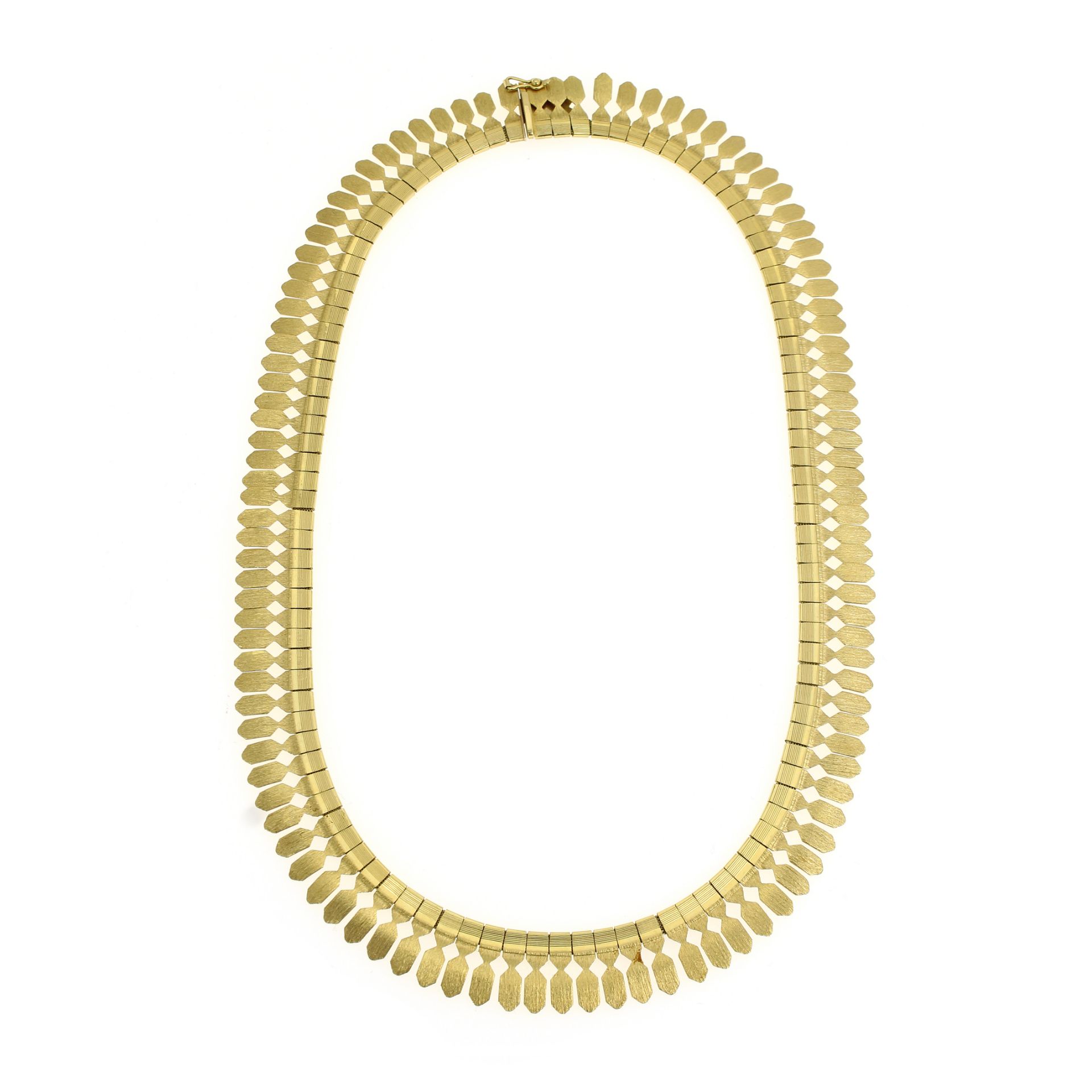 A VINTAGE FANCY LINK NECKLACE in 18ct yellow gold, the articulated body formed of textured cut out