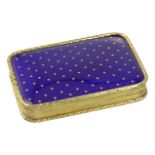 AN ANTIQUE ENAMEL GOLD BOX in high carat yellow gold, the rounded rectangular body with engine