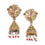 A PAIR OF RUBY, EMERALD AND PEARL EARRINGS, INDIAN set in high carat yellow gold with round cut