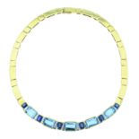 AN AQUAMARINE, SAPPHIRE AND DIAMOND NECKLACE CIRCA 1970 in 18ct yellow gold, set with five emerald